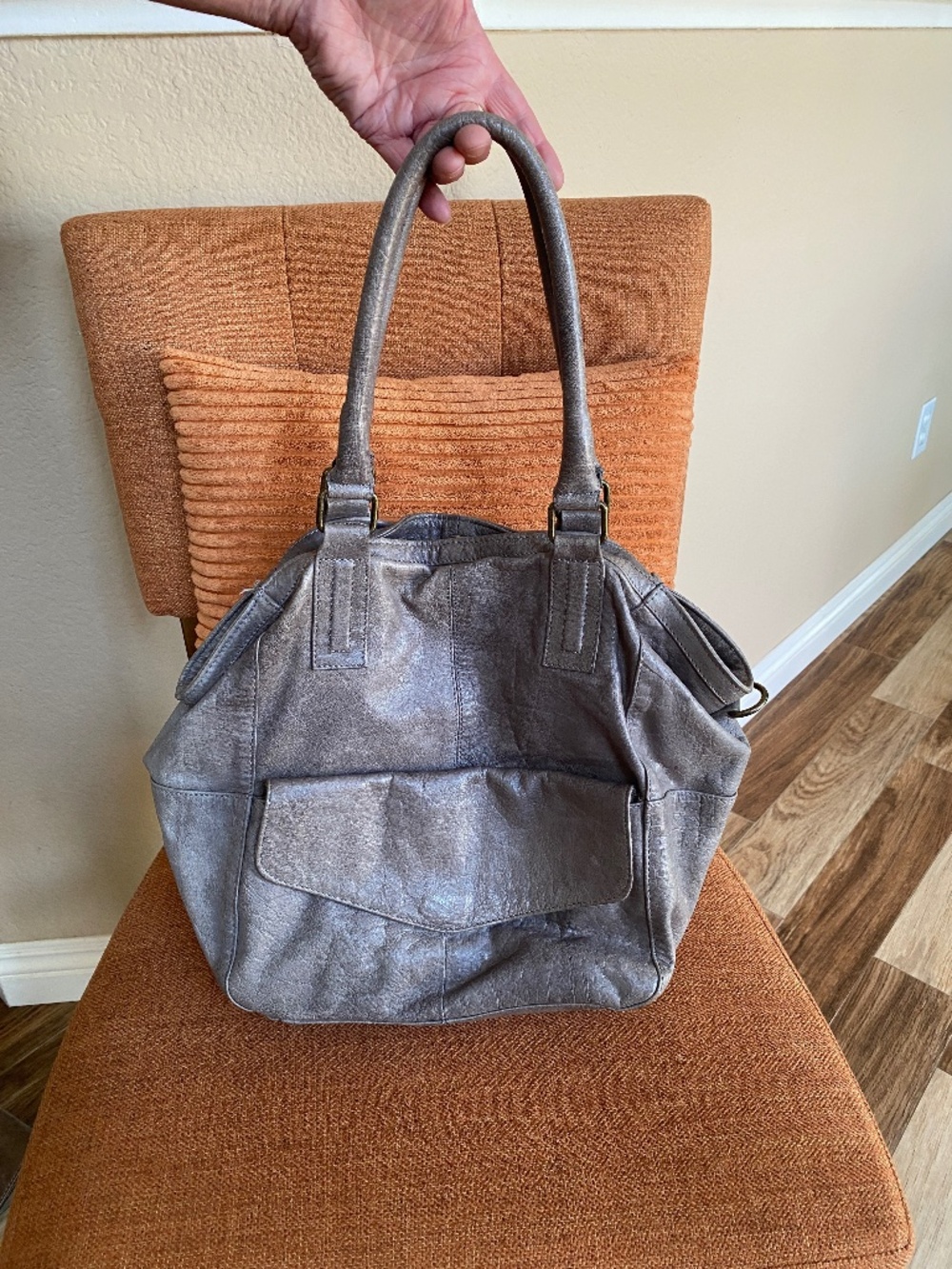 DAY & MOOD Heather Leather Hobo Shoulder Bag Tote Purse - Metallic Gray Taupe